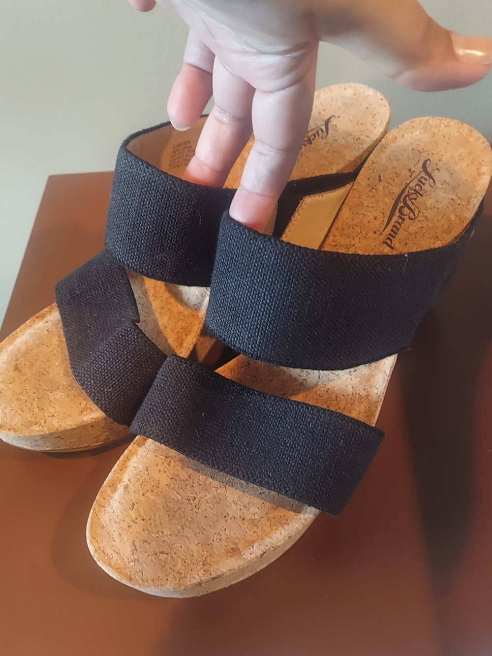 Lucky Brand Black Cork Slide Sandals with Wide Fabric Straps 9.5